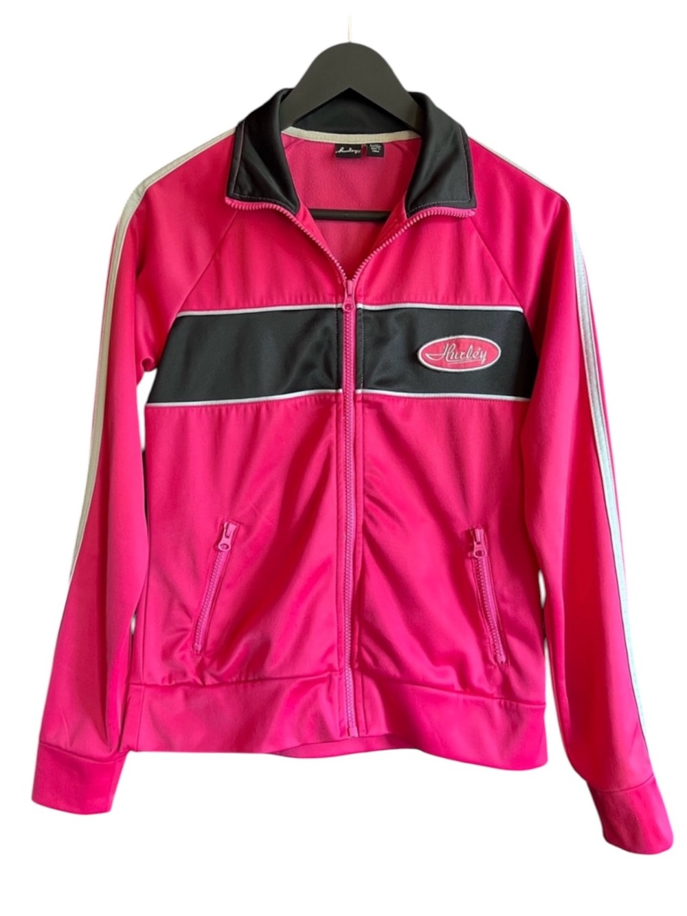 Hurley Pink Black Track Jacket Y2K Full Zip Athletic Jacket Size Medium
